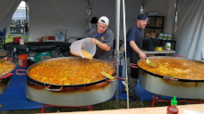 Cooking the traditional Maker Faire setup night paella.