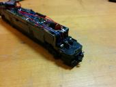 Front view of LEDs, capacitor (with electrical tape insulation), and decoder.